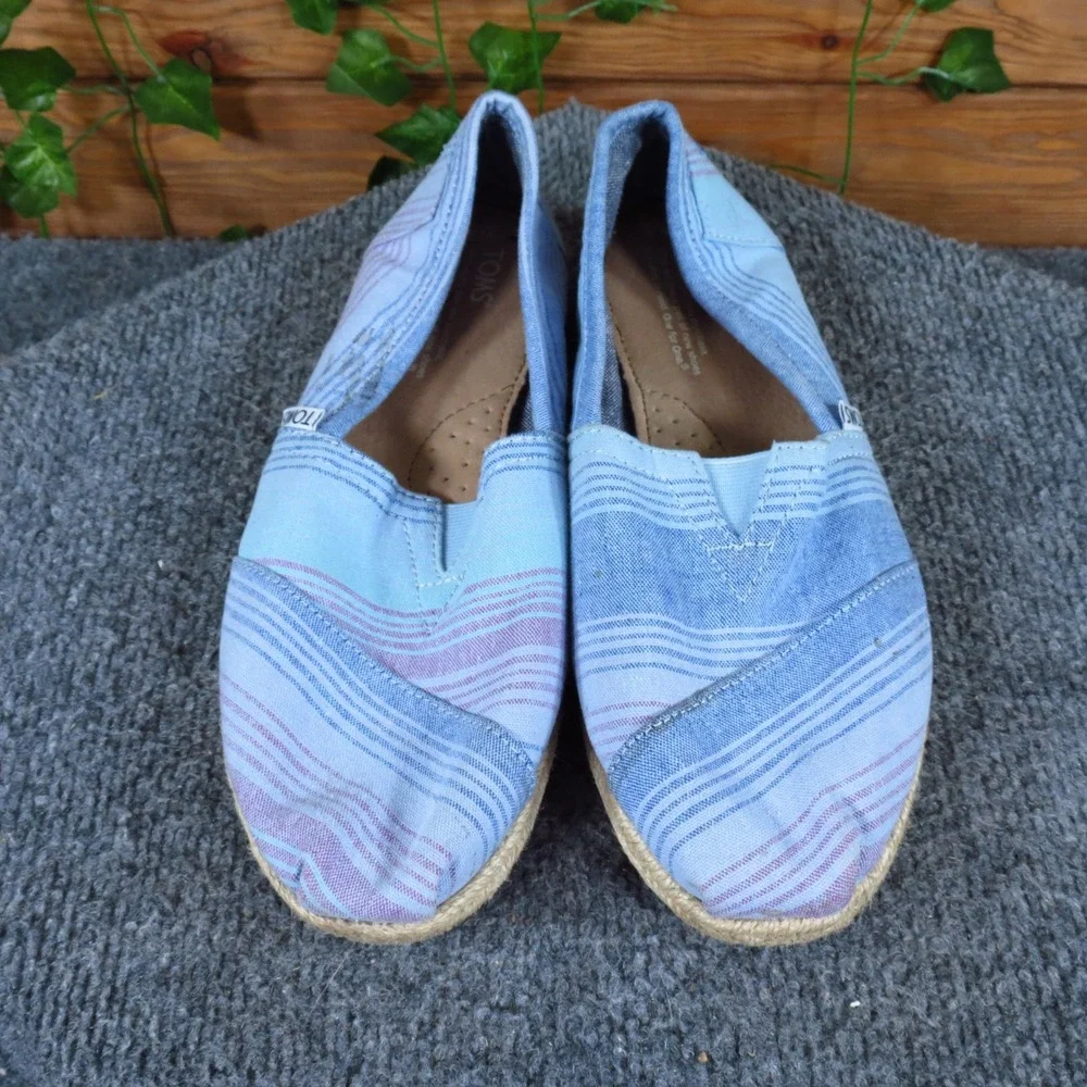 TOMS Alpargata Women Slip On Flat Size 8.5 Everyday Walking Blue Striped Canvas